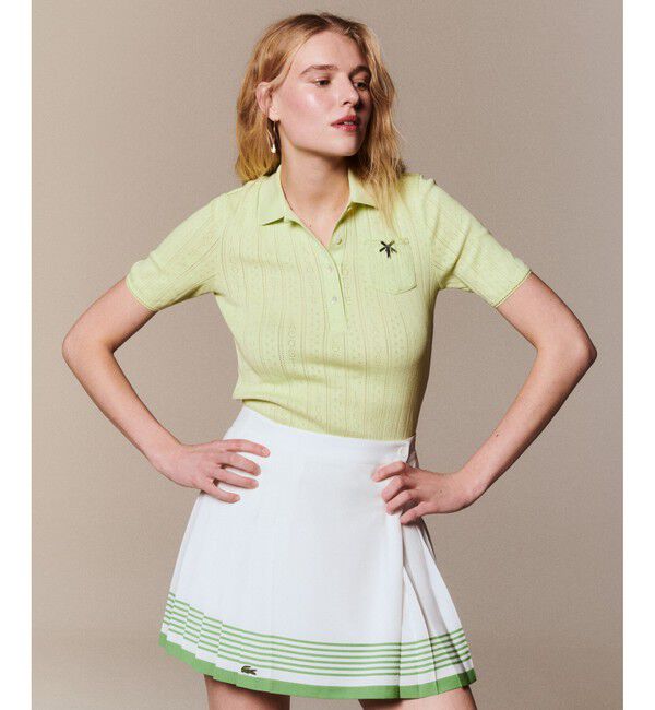 LACOSTE「レース調 リボン付き ポインテルニット 半袖ポロシャツ」|ポロシャツ|