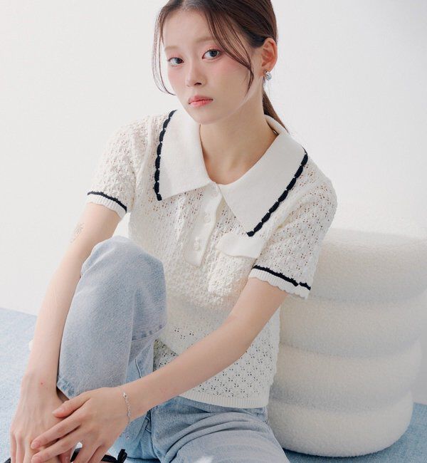  「【SALON by Chico】クロシェポロ袖ラインサマーニット」|ニット・セーター|