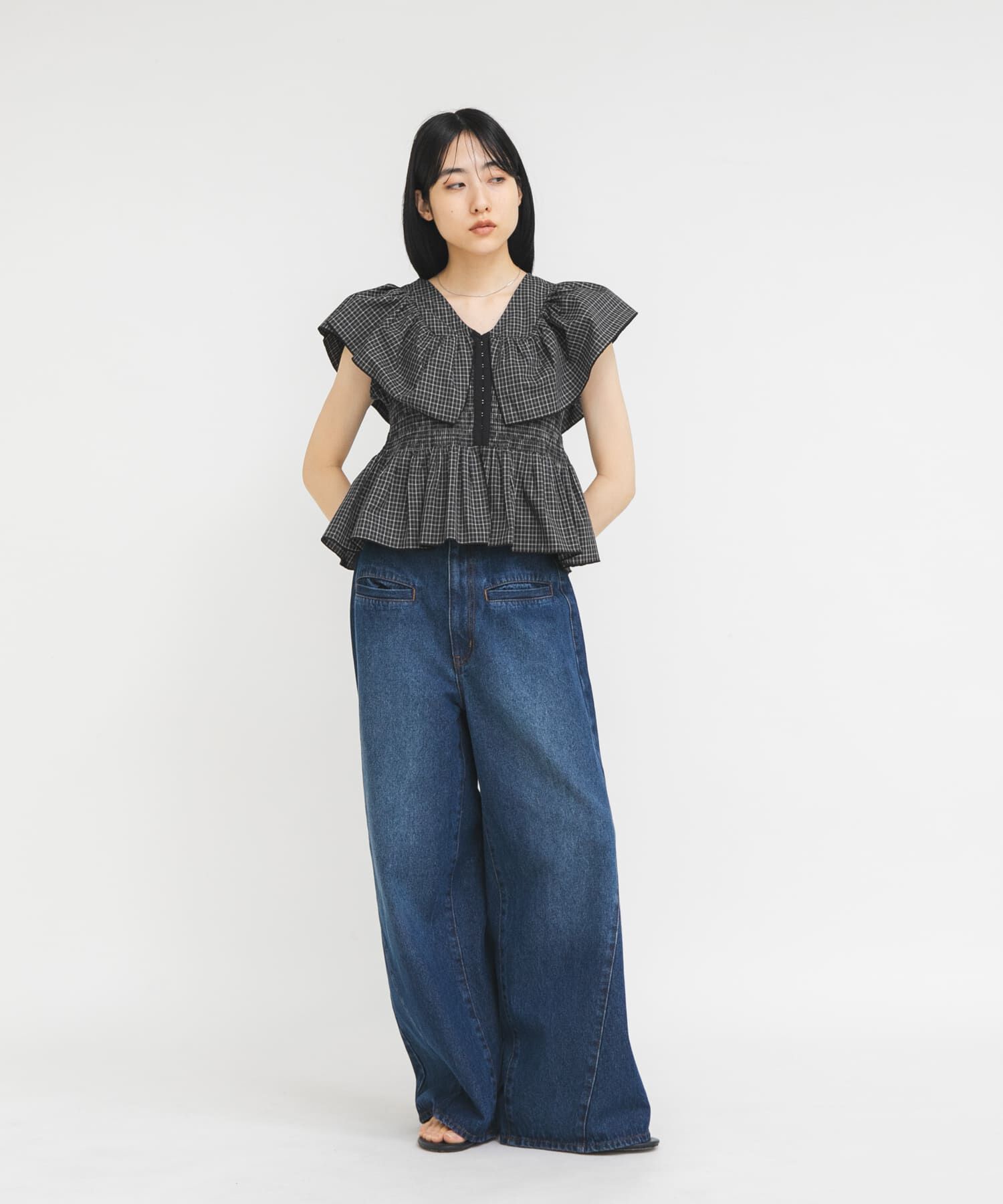  「フロントホックチェックフリルブラウス」|シャツ・ブラウス|