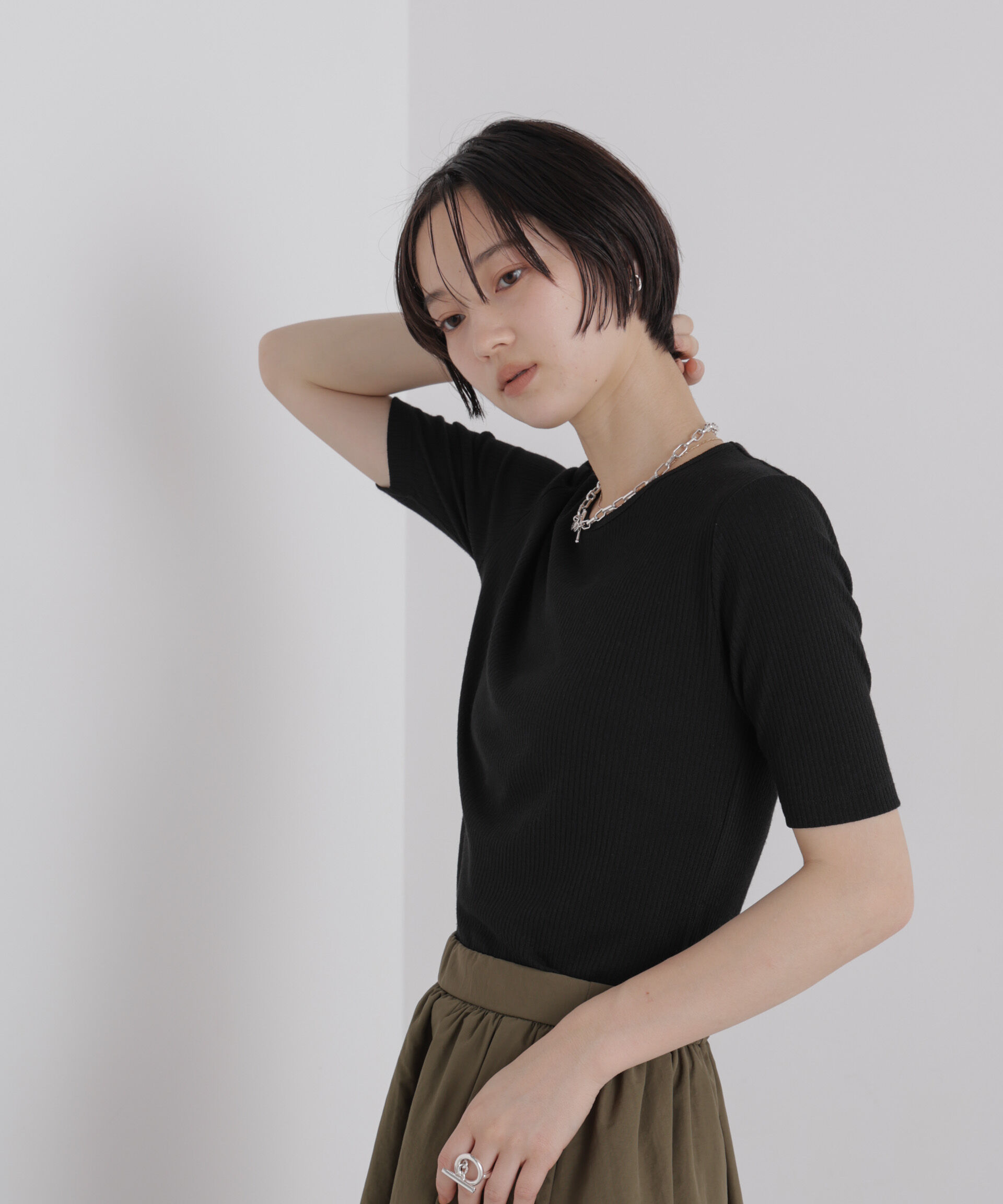 NANO universe「ソフトシアーリブクルーネック半袖トップス」|Tシャツ・カットソー|
