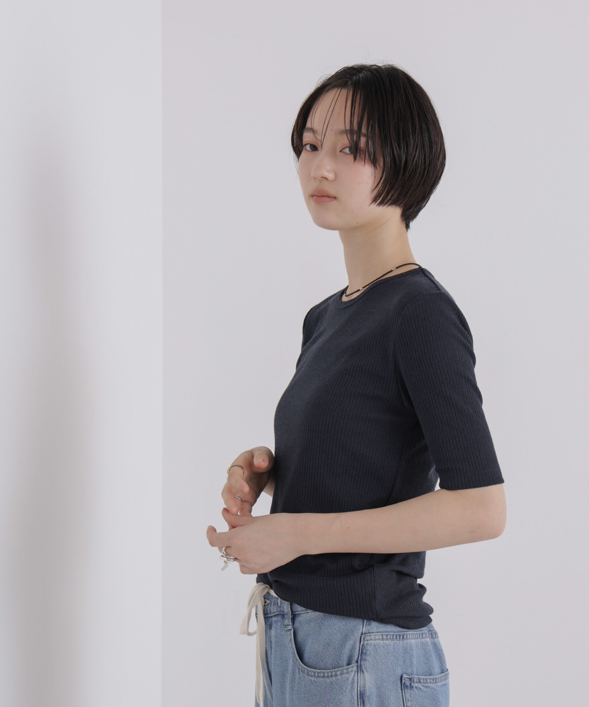NANO universe「ソフトシアーリブクルーネック半袖トップス」|Tシャツ・カットソー|