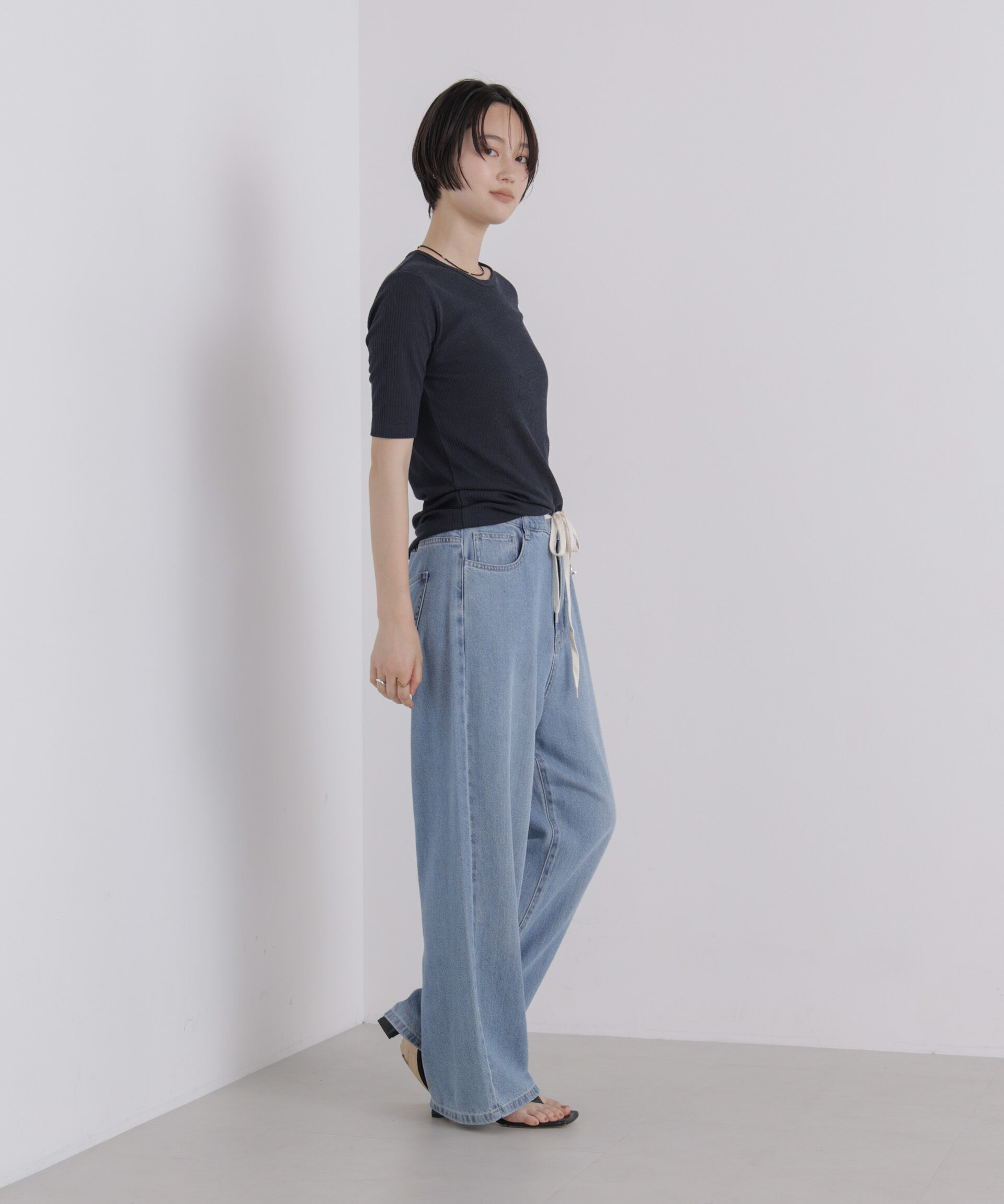 NANO universe「ソフトシアーリブクルーネック半袖トップス」|Tシャツ・カットソー|