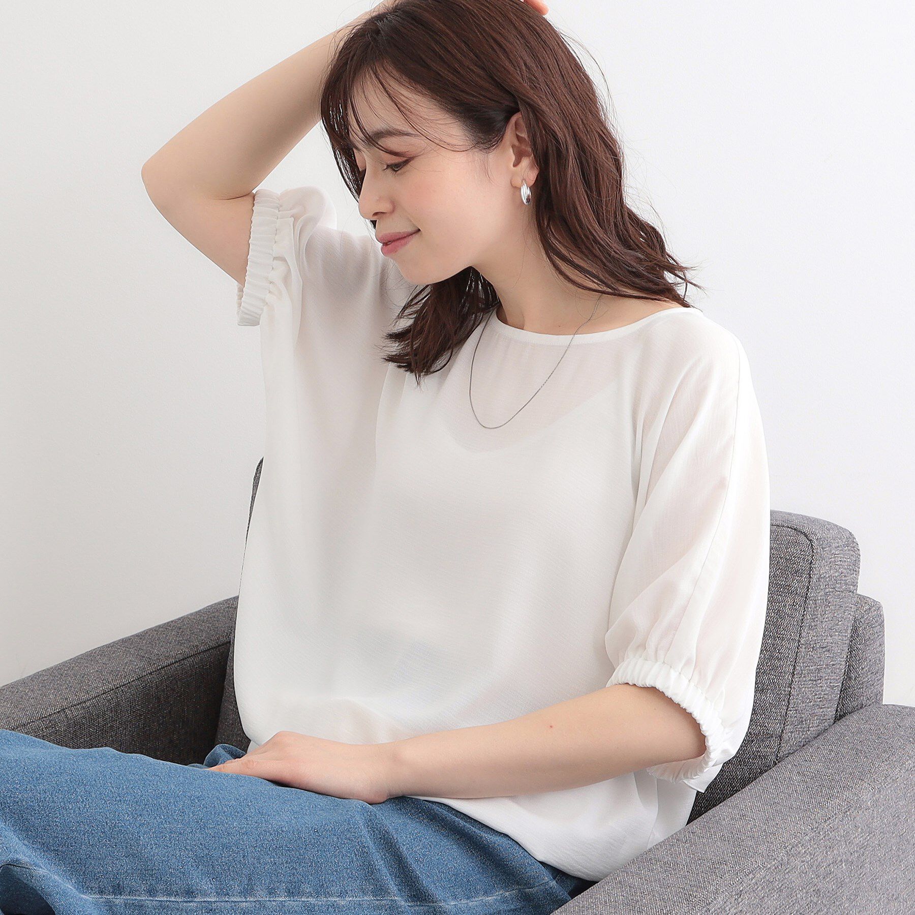 SHOO･LA･RUE「【高レビュー/UV/ひんやり/洗濯後しわになりにくい/5分袖】さらさら ドルマントップス」|シャツ・ブラウス|オフホワイト(003