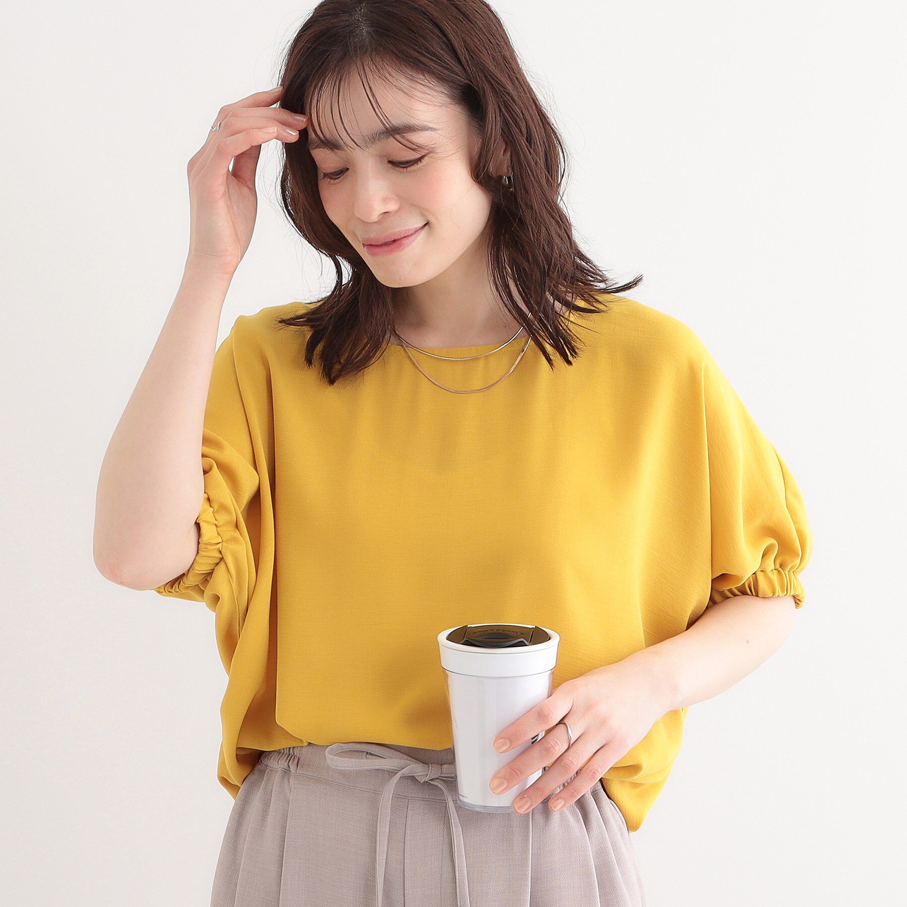 SHOO･LA･RUE「【高レビュー/UV/ひんやり/洗濯後しわになりにくい/5分袖】さらさら ドルマントップス」|シャツ・ブラウス|イエロー(032)