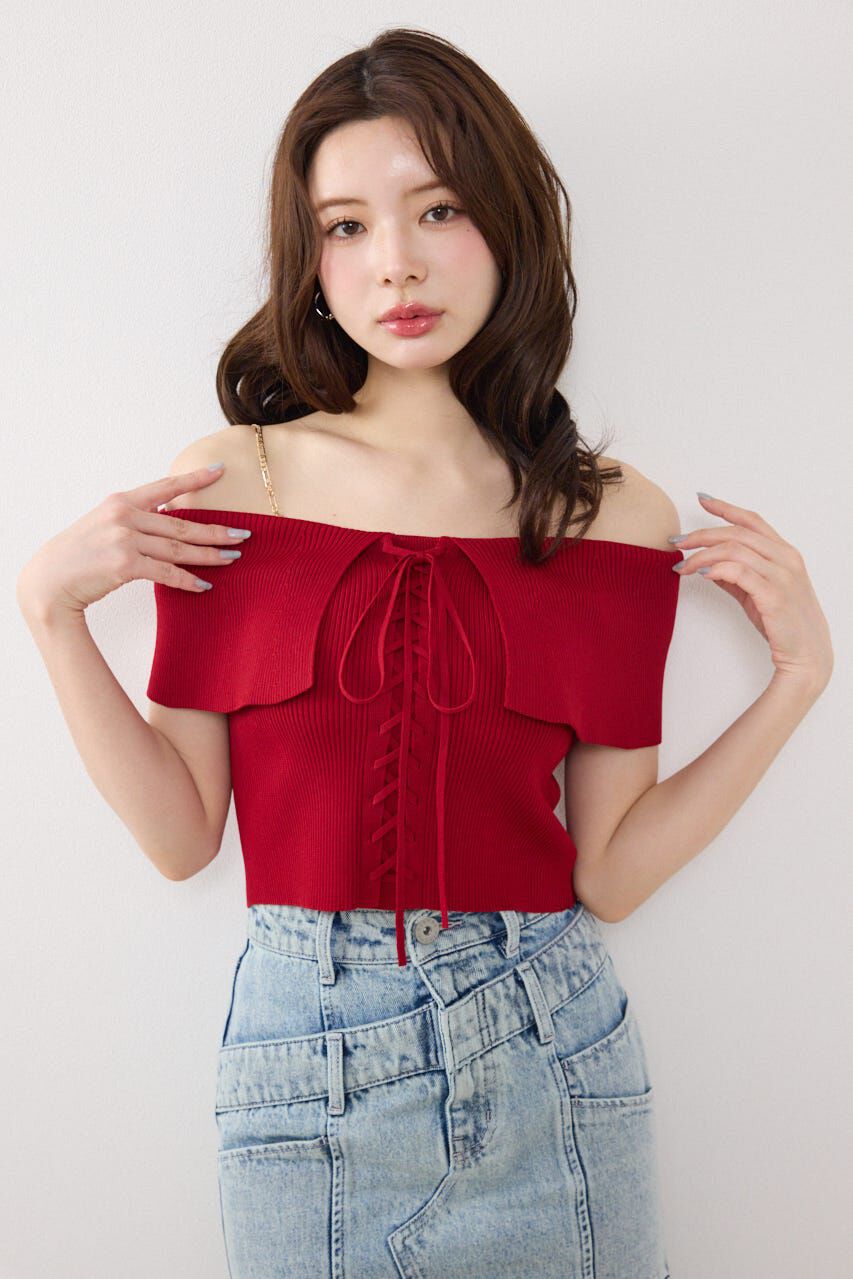 rienda「レースアップオフショルニットトップス」|ニット・セーター|RED