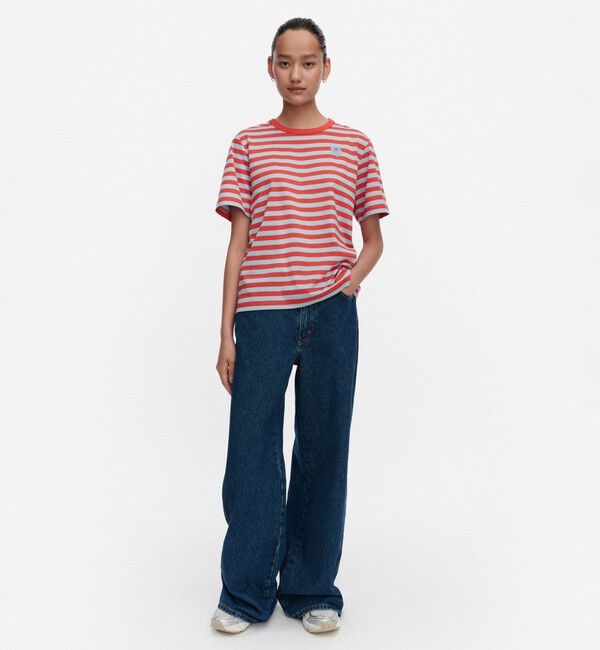 Marimekko「Tasaraita Unikko Tシャツ」|シャツ・ブラウス|レッド&times;ライトブルー