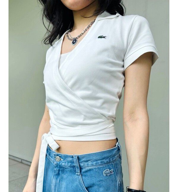 LACOSTE「ハイストレッチ 鹿の子 ラップフロント クロップド丈半袖ポロシャツ」|ポロシャツ|ホワイト