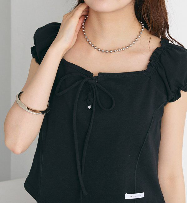  「レースアップフレンチTシャツ」|Tシャツ・カットソー|ブラック
