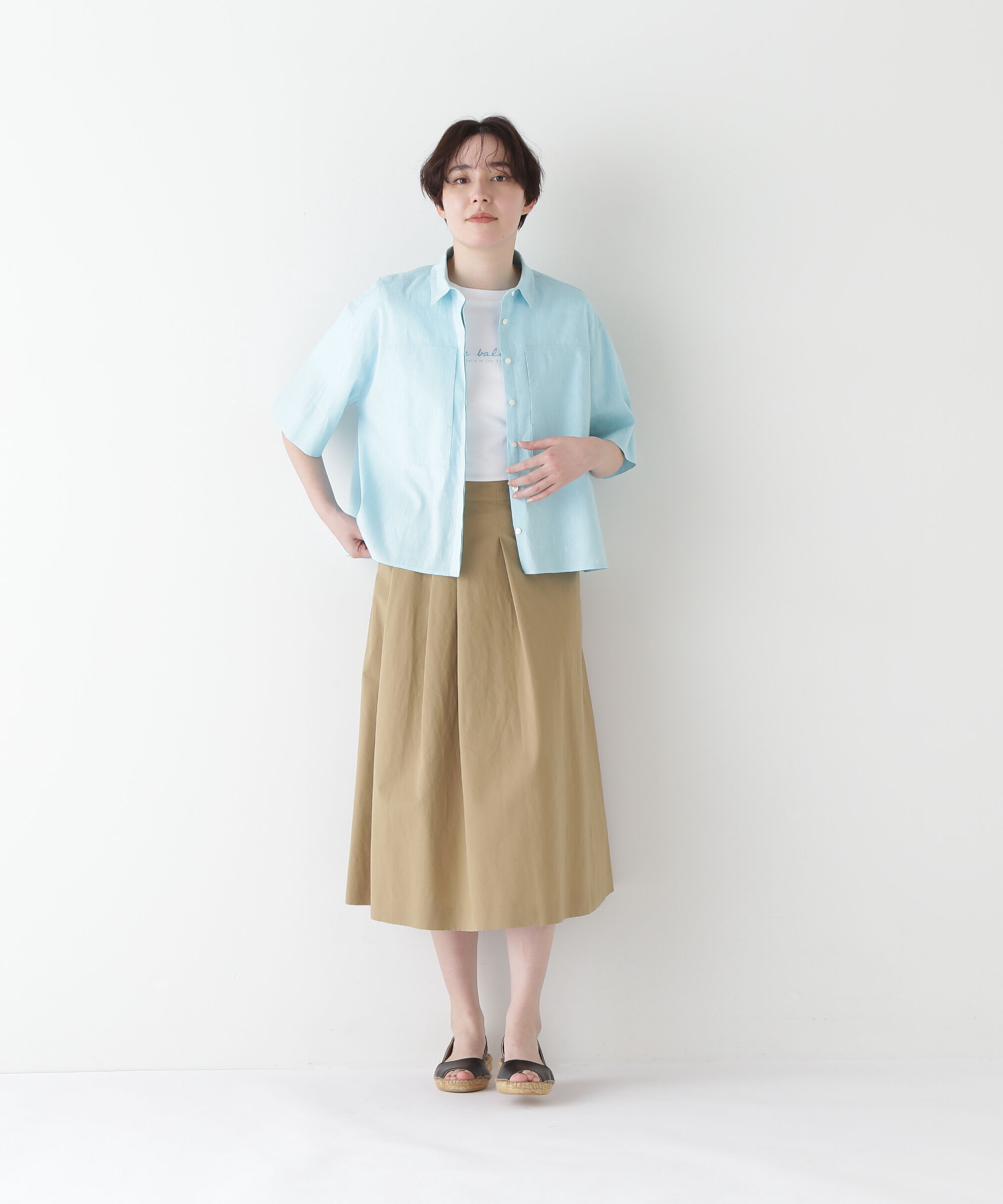  「◆コットンリネンシャンブレーハーフスリーブボックスシャツ」|シャツ・ブラウス|