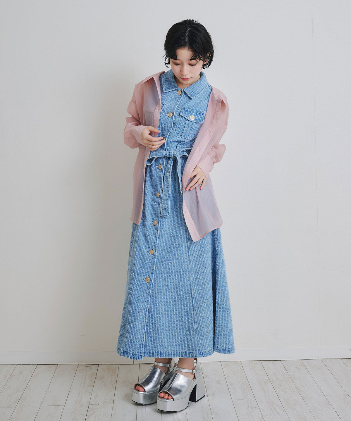 REDYAZEL「レーザーカットデニムロングシャツワンピース」|ワンピース|
