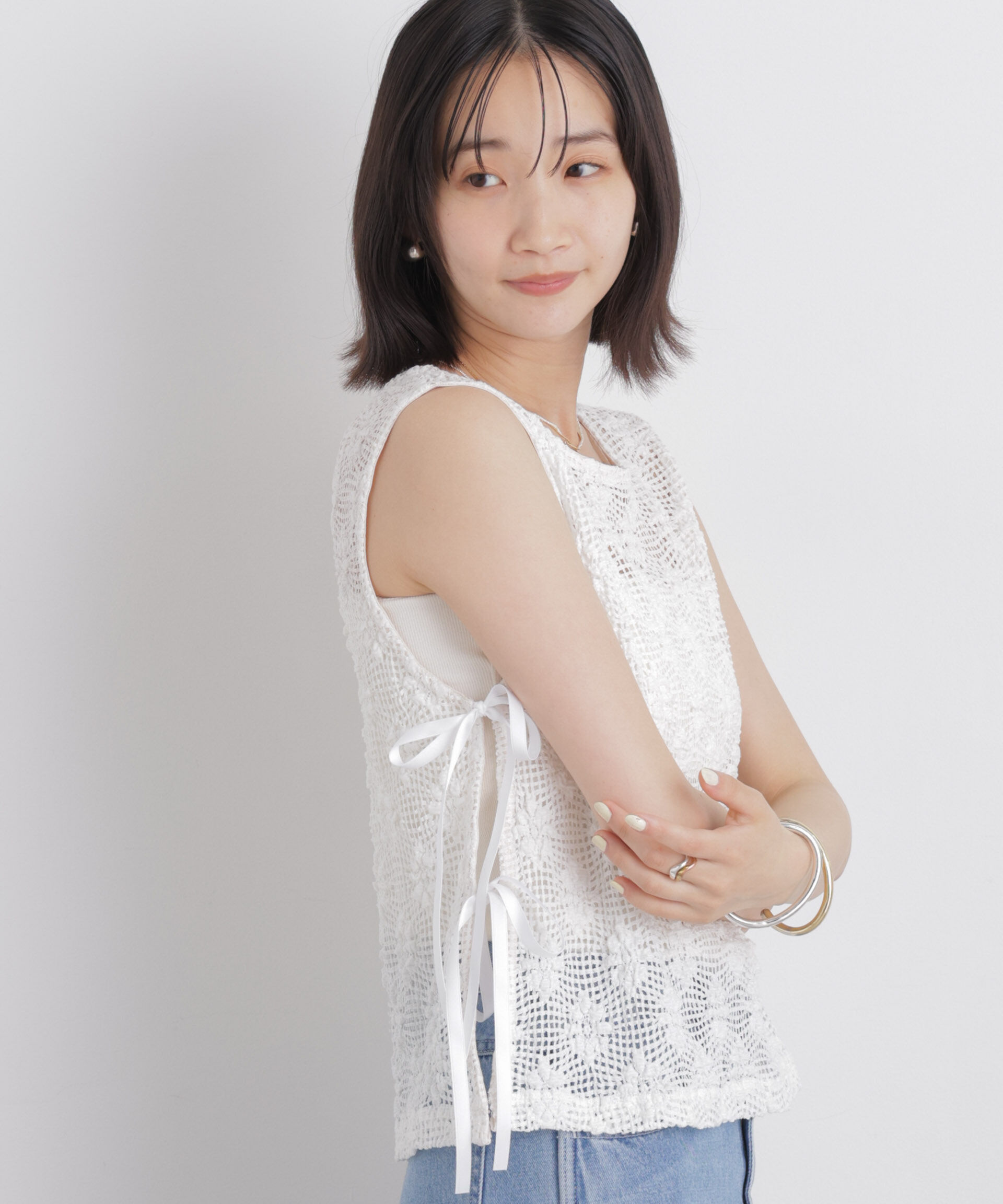 nano･universe「フラワー柄カットレースサイドリボントップス(セットアップ可)」|Tシャツ・カットソー|