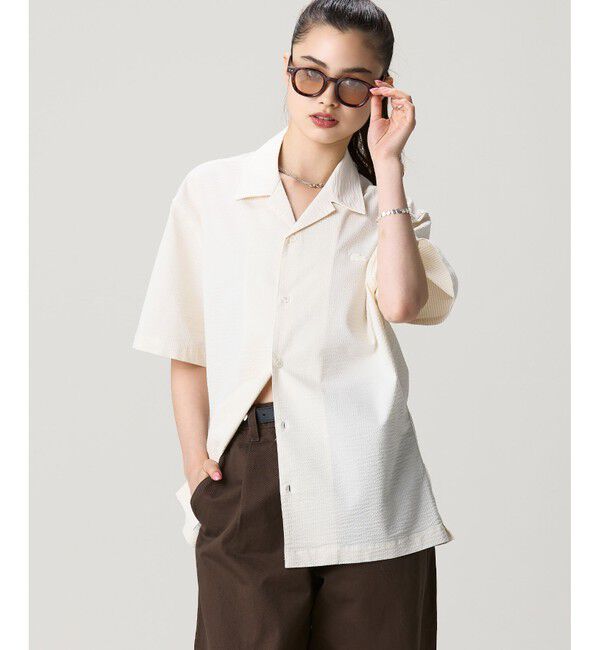 LACOSTE「オーバーサイズ シアサッカーオープンカラーシャツ」|シャツ・ブラウス|
