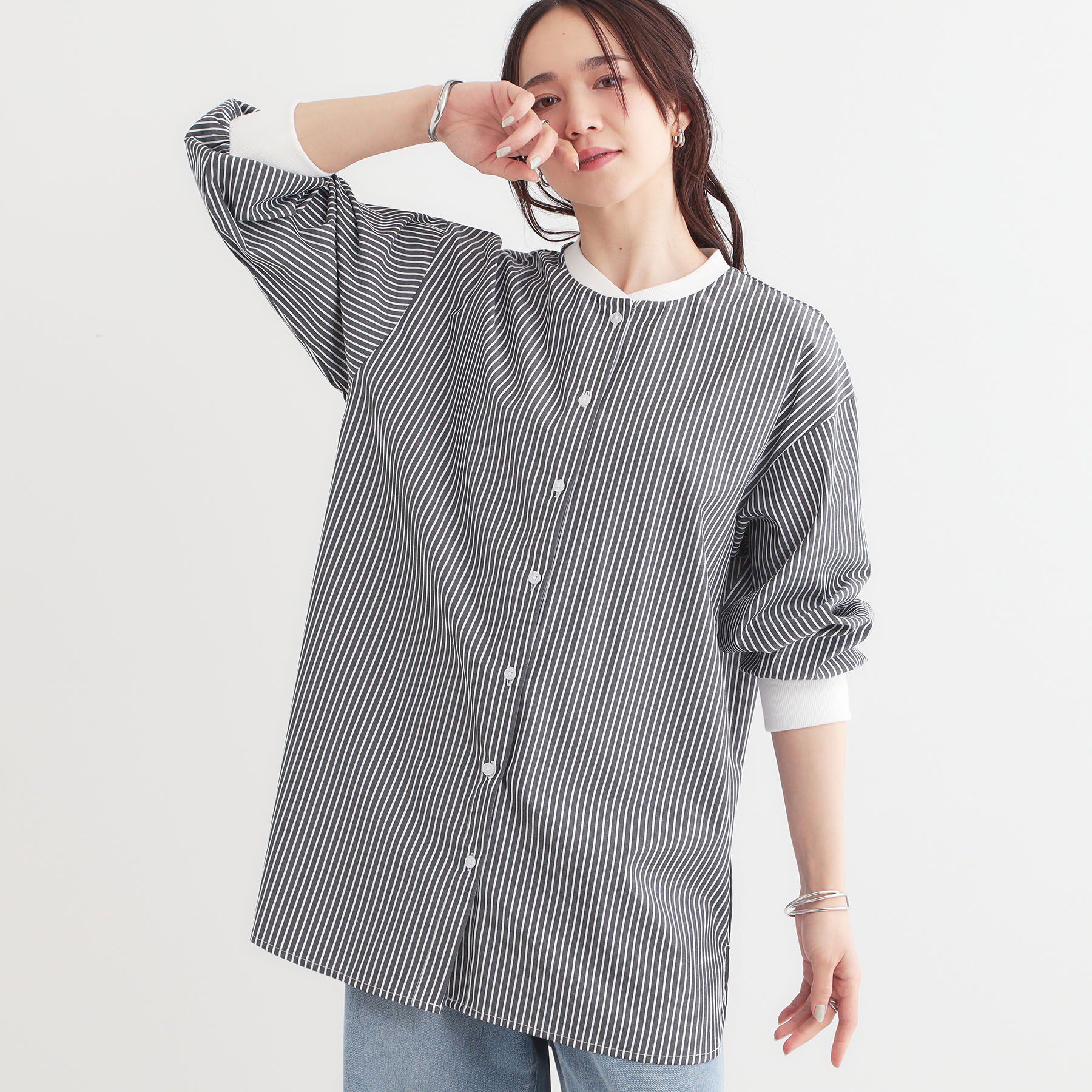 SHOO･LA･RUE「【洗える/S-LL】リブでこなれ感 ゆるっと着られる ロングシャツ」|チュニック|スミクロ(318)