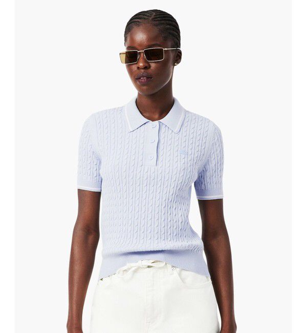 LACOSTE「配色ライン サマーニットポロシャツ」|ニット・セーター|アクア