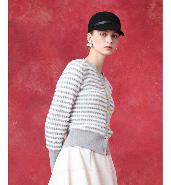 LOULOU WILLOUGHBY「WEB限定 フェザーボーダーキーネックカーディガン」|カーディガン|