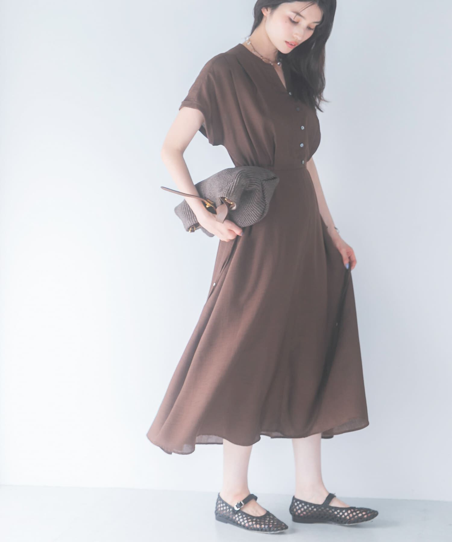 URBAN RESEARCH ROSSO「ウォッシャブルセミシアー2WAYネックワンピース」|ワンピース|