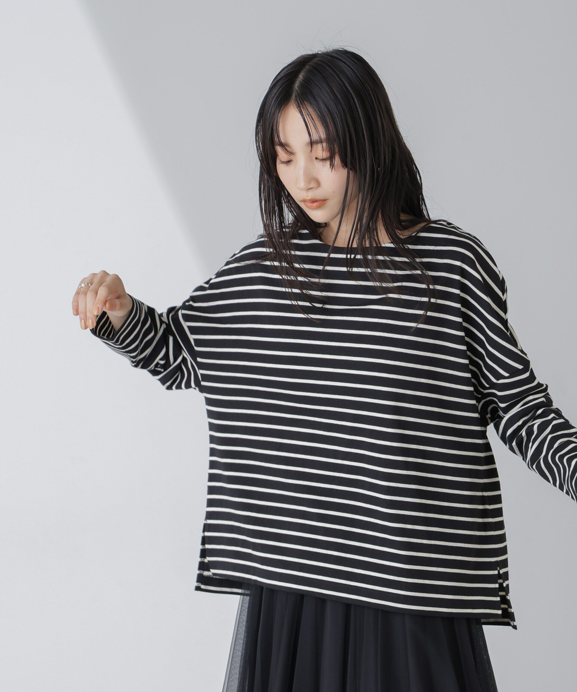 NANO universe「WEB限定/ボーダーワイドドロップトップス」|Tシャツ・カットソー|