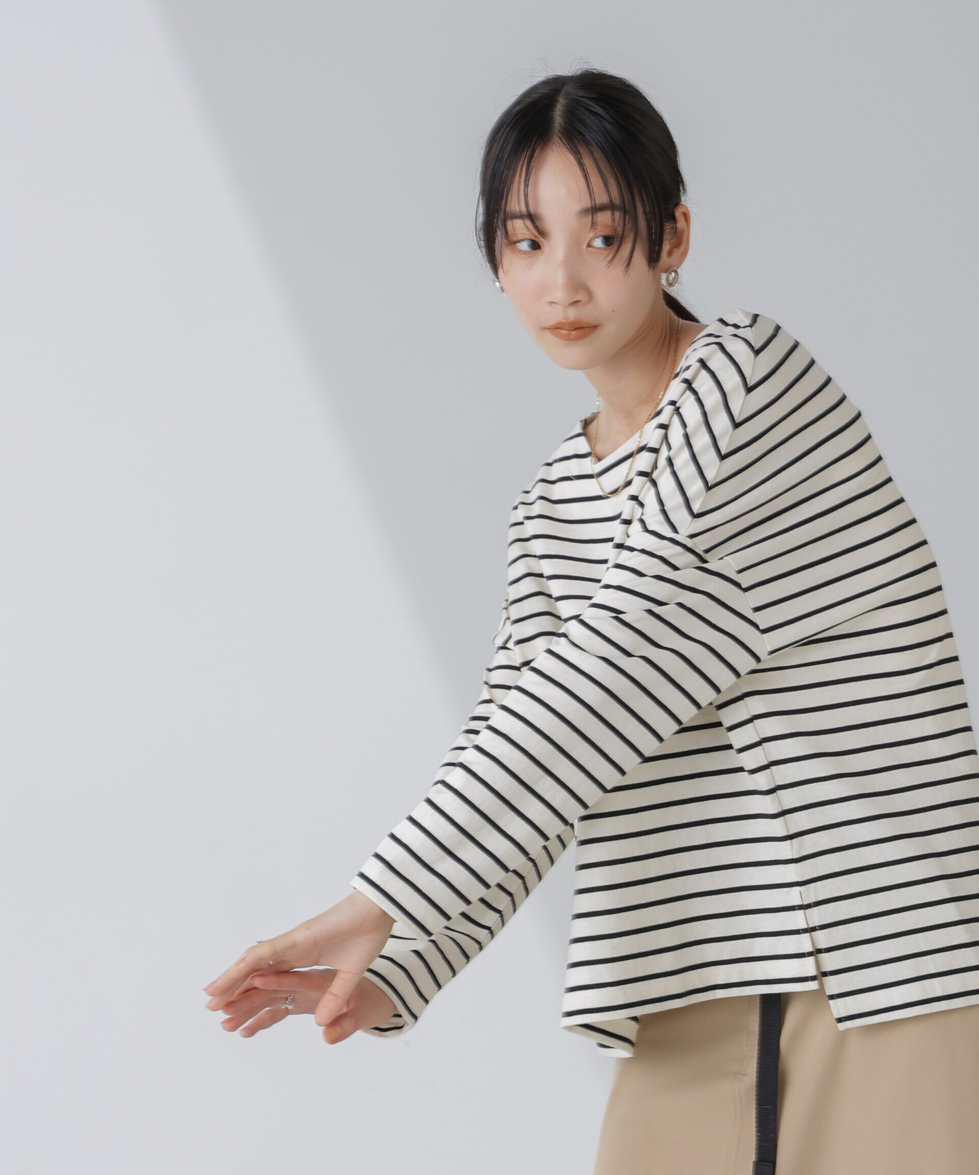 NANO universe「WEB限定/ボーダーワイドドロップトップス」|Tシャツ・カットソー|