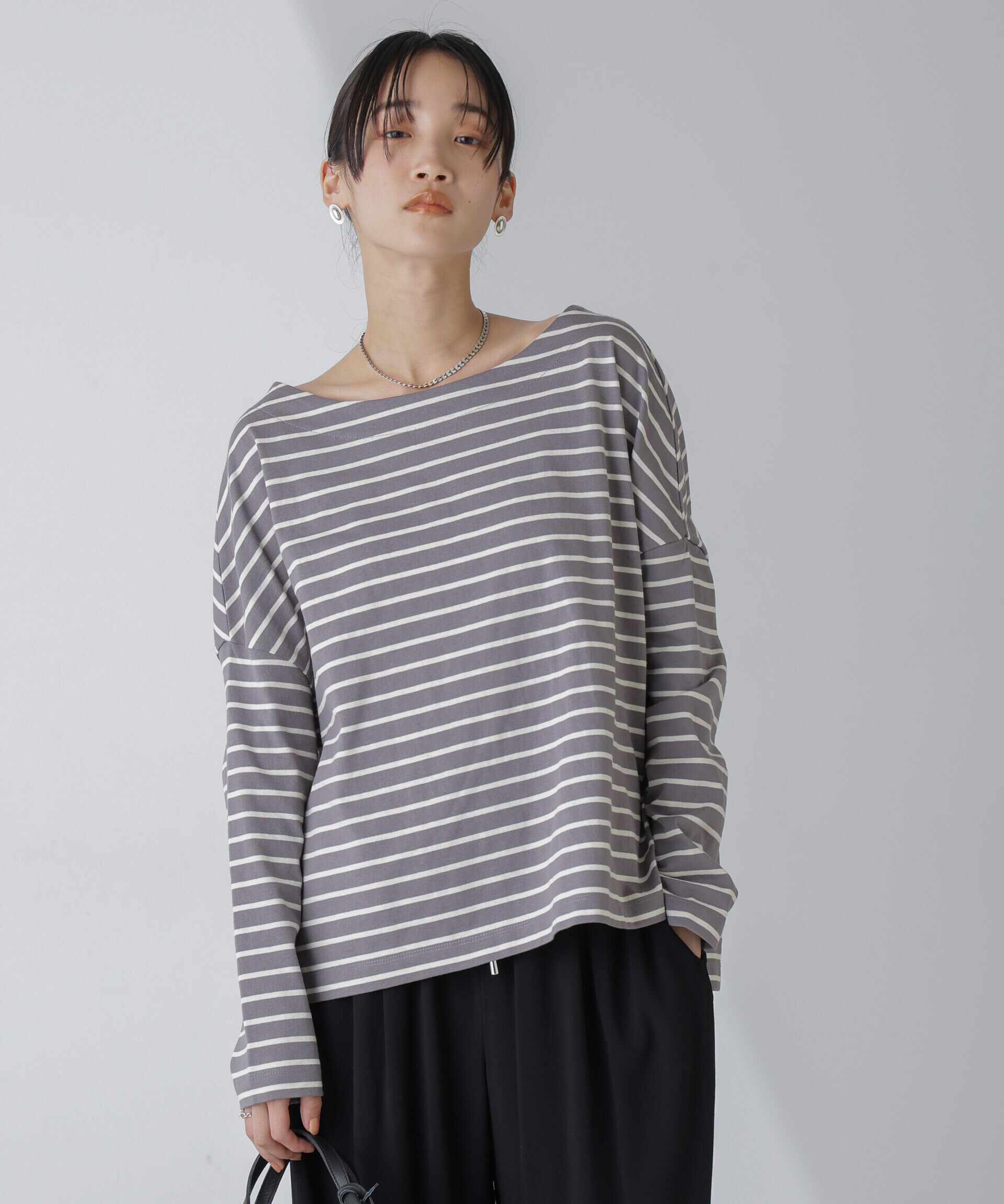 NANO universe「WEB限定/ボーダーワイドドロップトップス」|Tシャツ・カットソー|