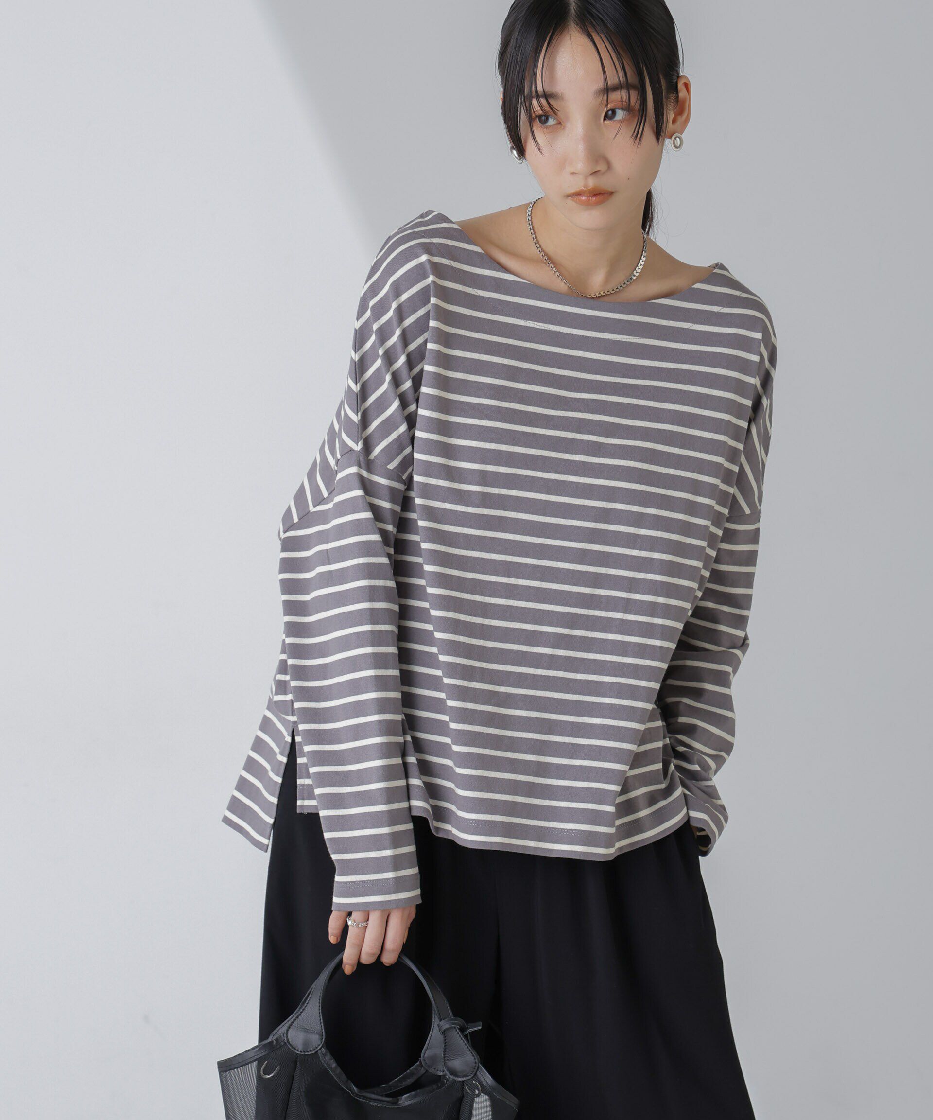 NANO universe「WEB限定/ボーダーワイドドロップトップス」|Tシャツ・カットソー|