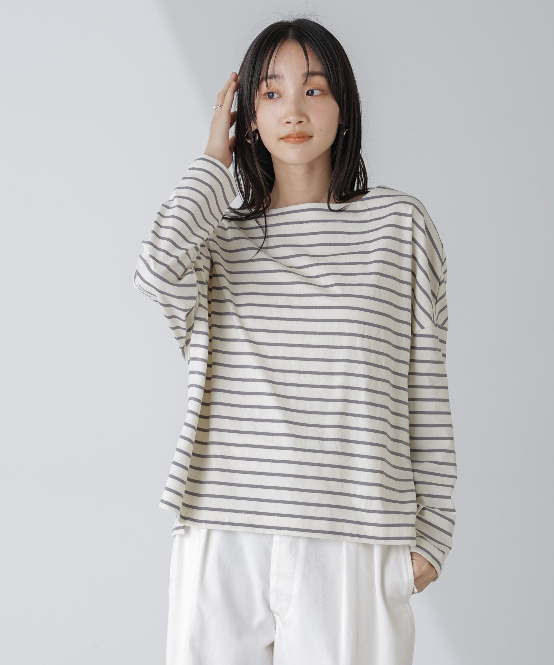 NANO universe「WEB限定/ボーダーワイドドロップトップス」|Tシャツ・カットソー|