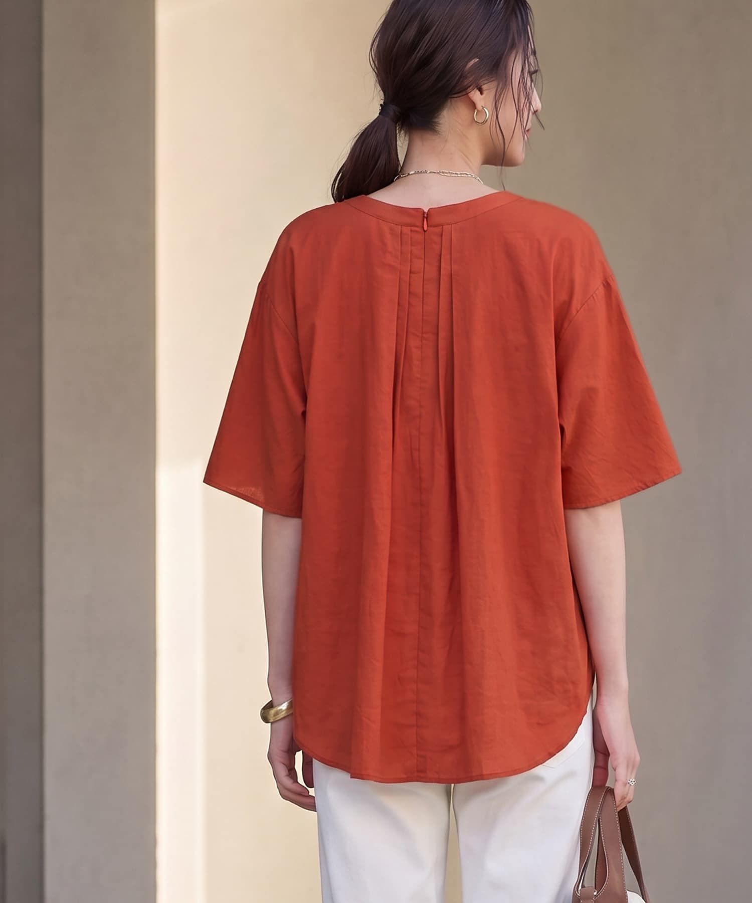 STYLE DELI「【LUXE】シボ生地プリーツタック５分袖ブラウス」|シャツ・ブラウス|