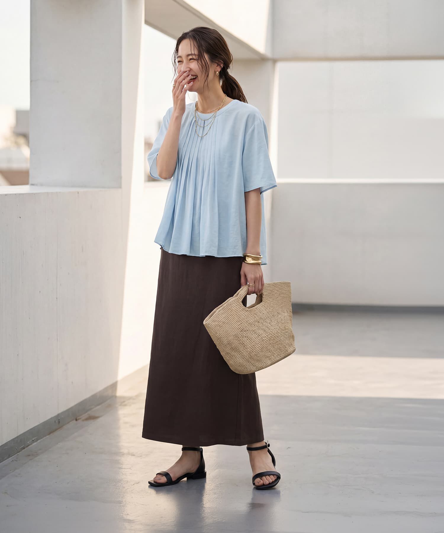 STYLE DELI「【LUXE】シボ生地プリーツタック５分袖ブラウス」|シャツ・ブラウス|