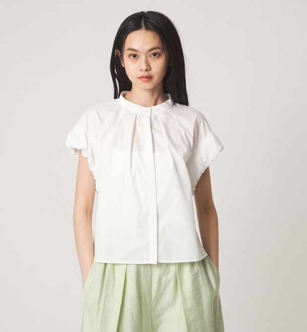 EMMEL REFINES「＜EMMEL REFINES＞EM ギャザー ミニパフスリーブ バンドカラー シャツ」|シャツ・ブラウス|WHITE