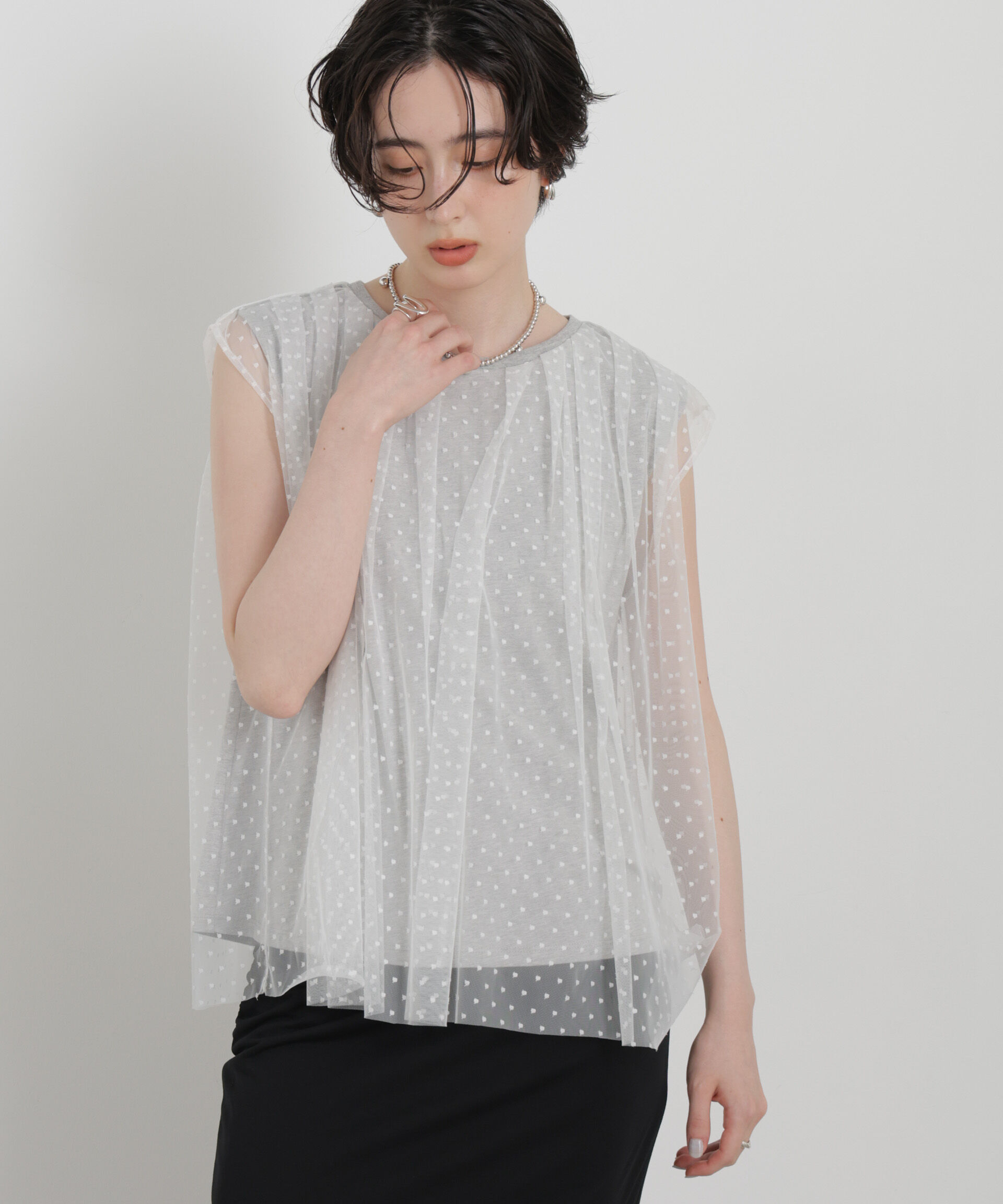 NANO universe「ドットチュールレイヤードトップス」|Tシャツ・カットソー|グレー