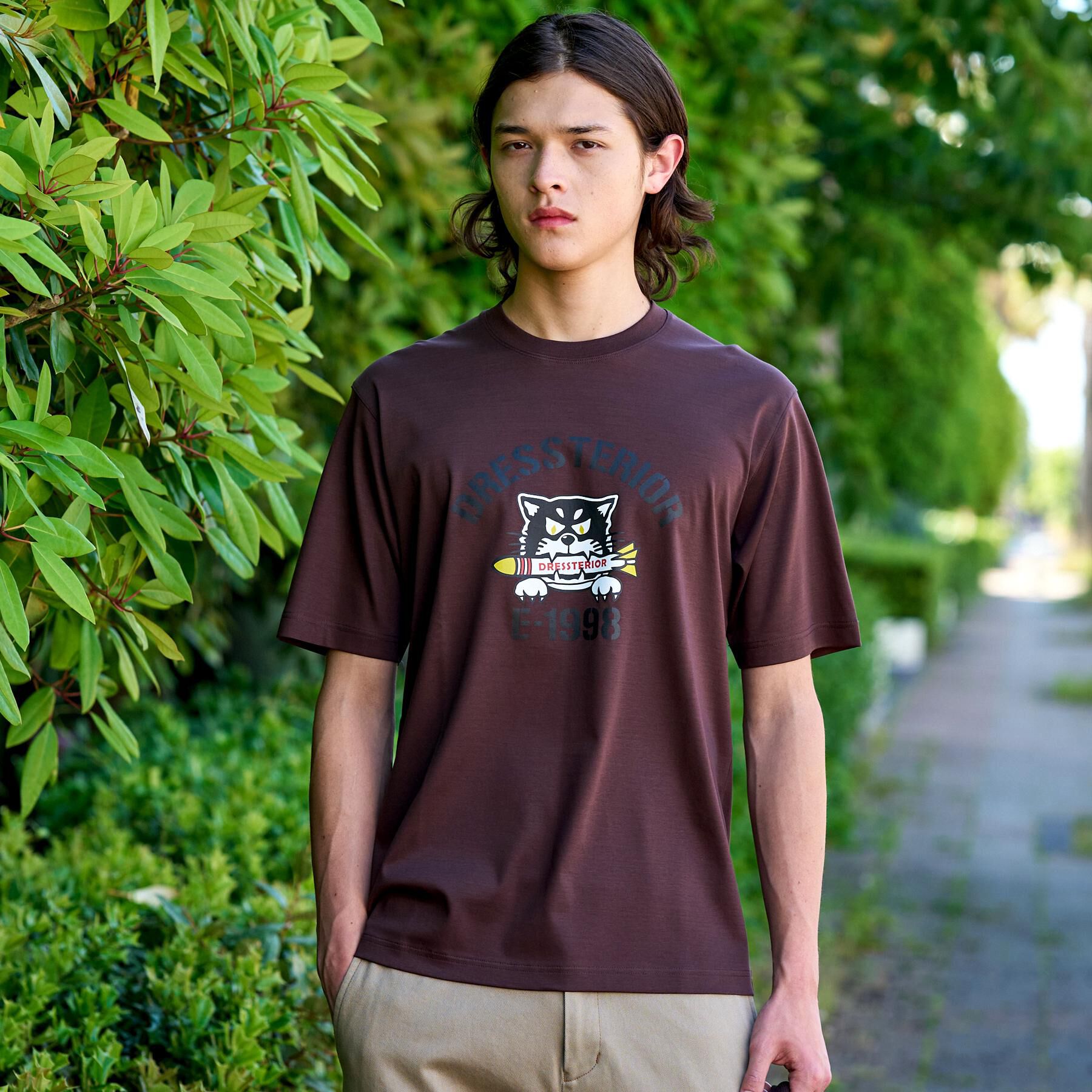 DRESSTERIOR「【接触冷感／抗菌防臭／消臭】ICE CLEAR COTTON ミサイルキャットTシャツ」|Tシャツ・カットソー|ブラウン(044)