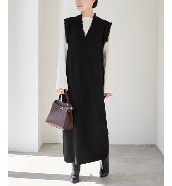 VERMEIL par iena「woolmix フリルリブニットワンピース」|ワンピース|ブラック