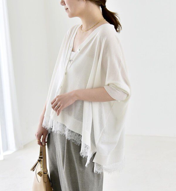 quaranciel「《予約》quaranciel:〈手洗い可能〉レース ヘム Vネック ポンチョ ニット カーディガン」|カーディガン|