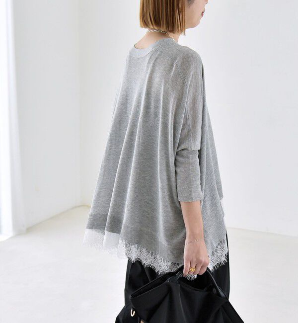 quaranciel「《予約》quaranciel:〈手洗い可能〉レース ヘム Vネック ポンチョ ニット カーディガン」|カーディガン|グレー