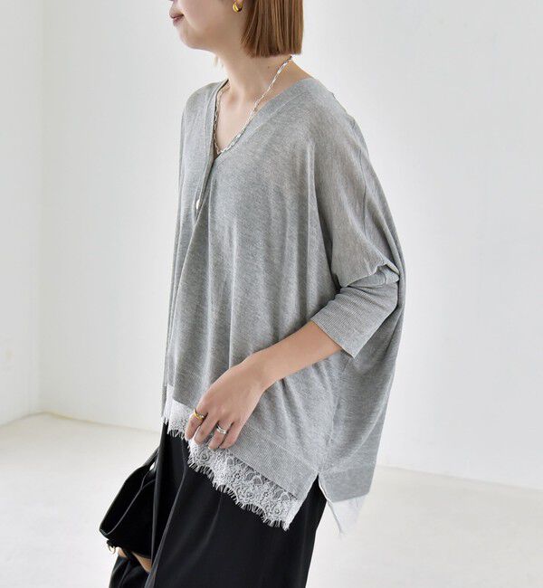 quaranciel「《予約》quaranciel:〈手洗い可能〉レース ヘム Vネック ポンチョ ニット カーディガン」|カーディガン|