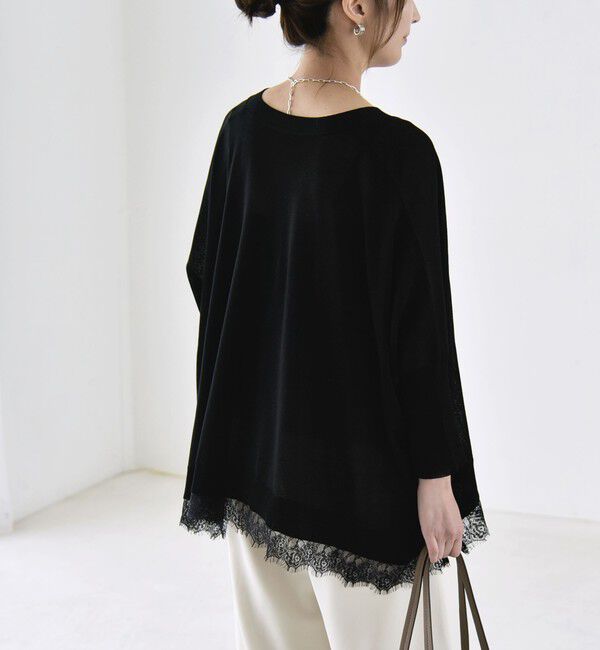 quaranciel「《予約》quaranciel:〈手洗い可能〉レース ヘム Vネック ポンチョ ニット カーディガン」|カーディガン|