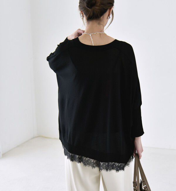 quaranciel「《予約》quaranciel:〈手洗い可能〉レース ヘム Vネック ポンチョ ニット カーディガン」|カーディガン|