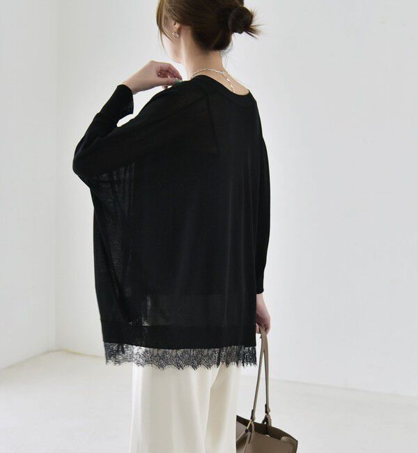 quaranciel「《予約》quaranciel:〈手洗い可能〉レース ヘム Vネック ポンチョ ニット カーディガン」|カーディガン|