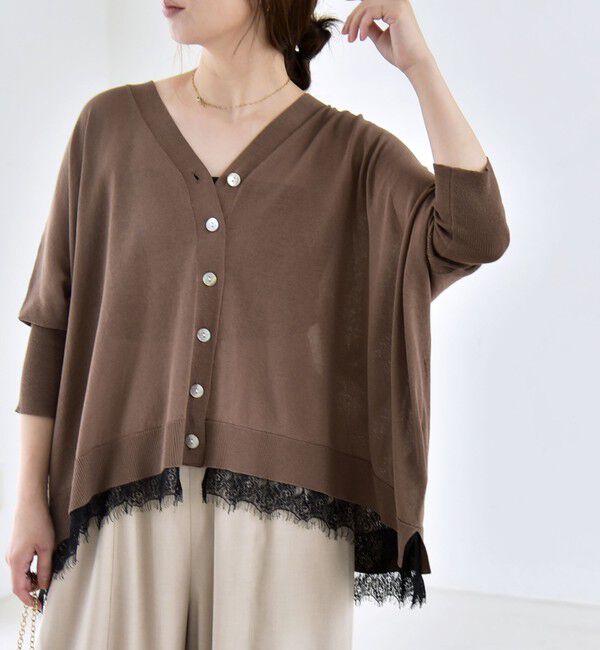 quaranciel「《予約》quaranciel:〈手洗い可能〉レース ヘム Vネック ポンチョ ニット カーディガン」|カーディガン|