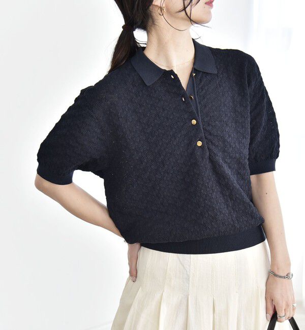quaranciel「《追加予約》quaranciel:〈手洗い可能〉透かし編み ポロ ニット プルオーバー」|ニット・セーター|