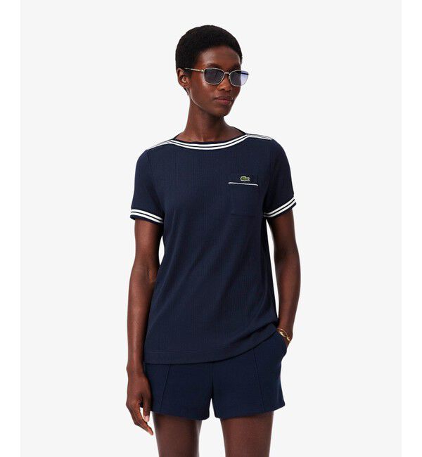 LACOSTE「フランスメイド レース調リブニットボーダー ボートネックTシャツ」|Tシャツ・カットソー|