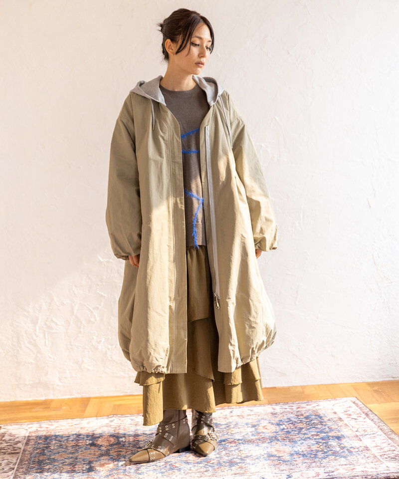  「フーデッドバルーンコート」|ノーカラーコート|