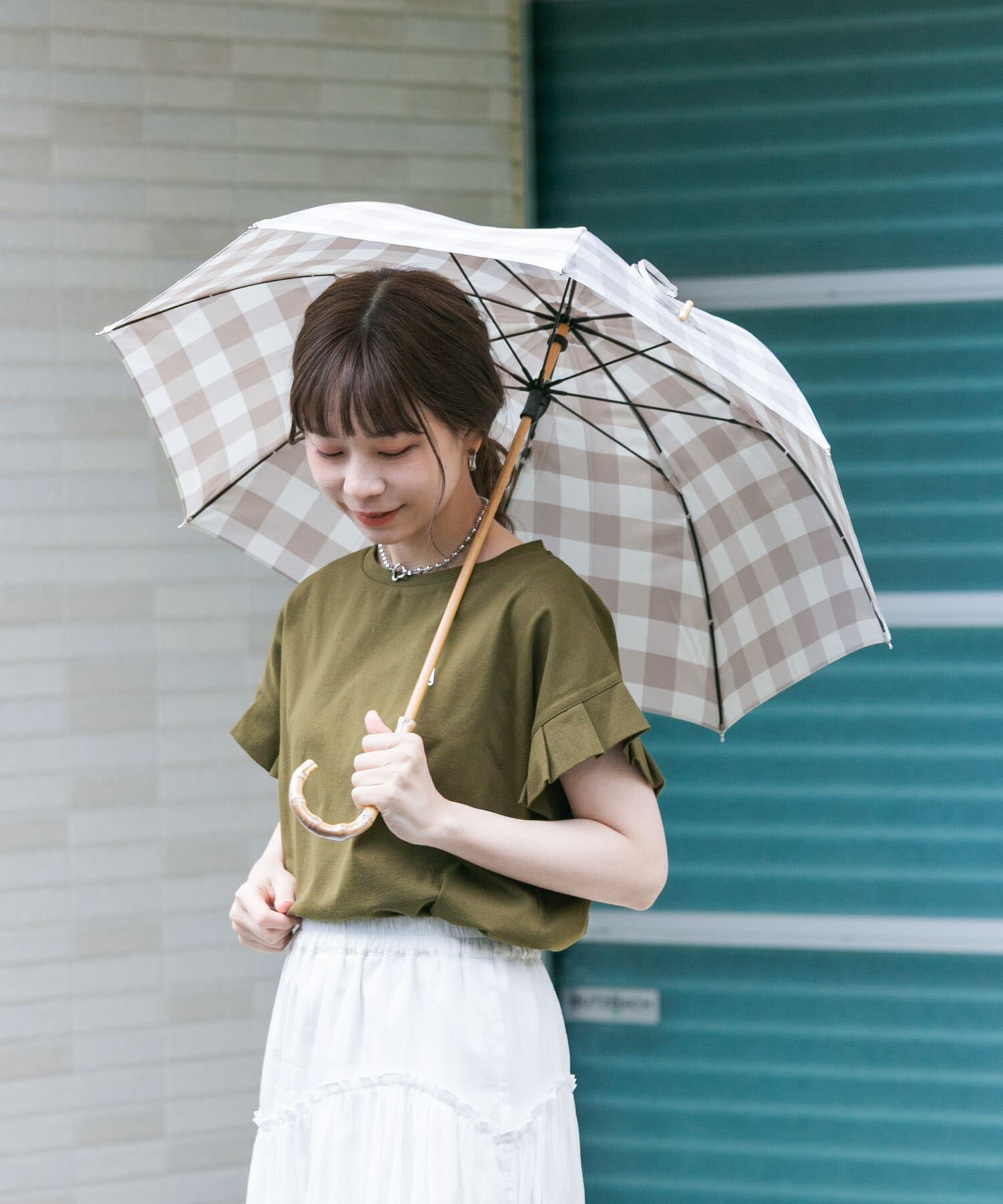 SMELLY「because　ギンガムチェックバンブー長傘」|傘|グレー系その他