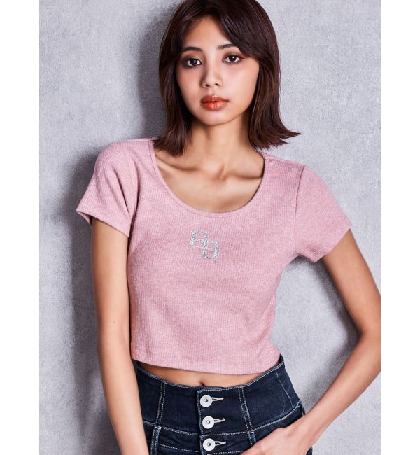 GYDA「GGロゴラインストーンラメテレコハーフスリーブトップス」|Tシャツ・カットソー|ピンク