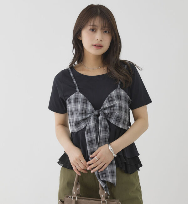 archives「チェックアソートリボンビスチェ&times;ペプラムブラウスＴＥＥ　ＳＥＴ」|カーディガン|