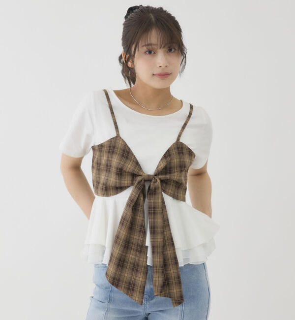 archives「チェックアソートリボンビスチェ&times;ペプラムブラウスＴＥＥ　ＳＥＴ」|カーディガン|