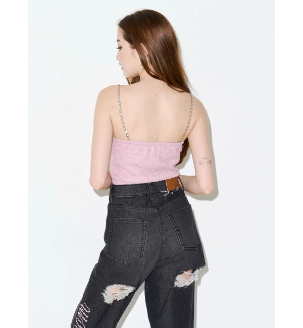 EVRIS「ラインストーンロゴバックスラッシュワイドデニムパンツ」|デニム|