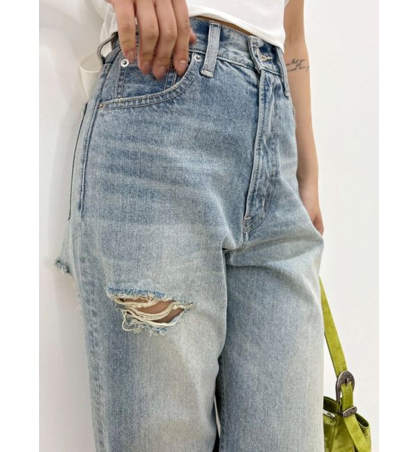 EVRIS「ラインストーンロゴバックスラッシュワイドデニムパンツ」|デニム|