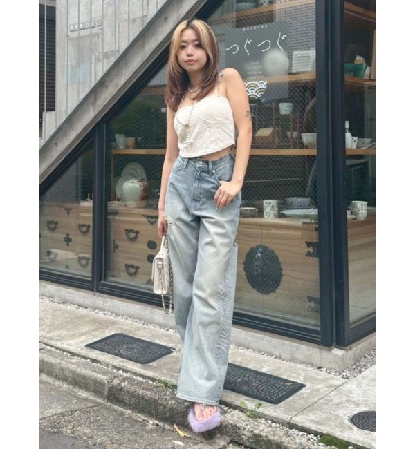 EVRIS「ラインストーンロゴバックスラッシュワイドデニムパンツ」|デニム|