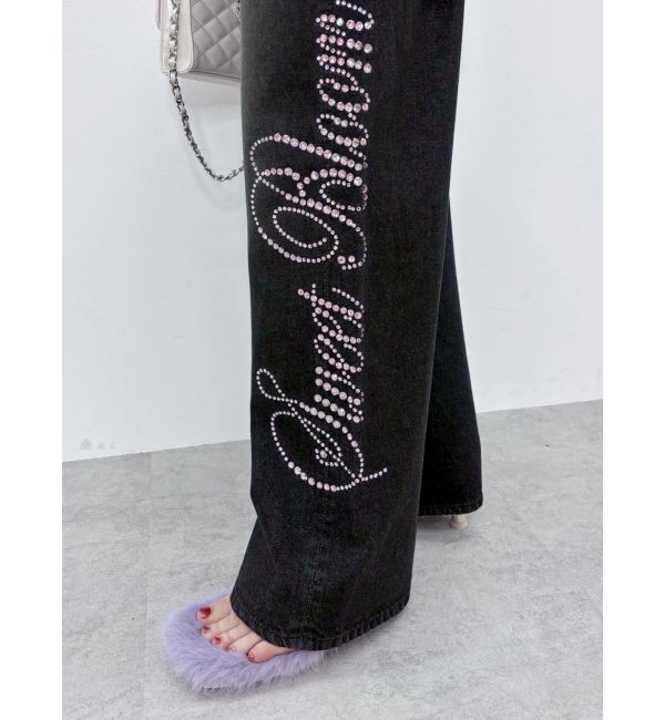 EVRIS「ラインストーンロゴバックスラッシュワイドデニムパンツ」|デニム|