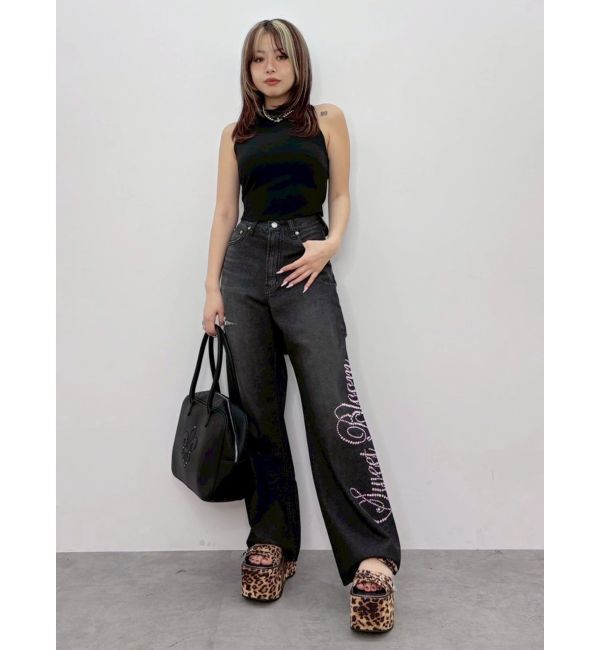 EVRIS「ラインストーンロゴバックスラッシュワイドデニムパンツ」|デニム|